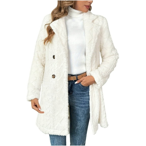 Wensltd Women Warm Fuzzy Coat White Comfortable Winter Lapel Button Cardigan Outerwear Jackets