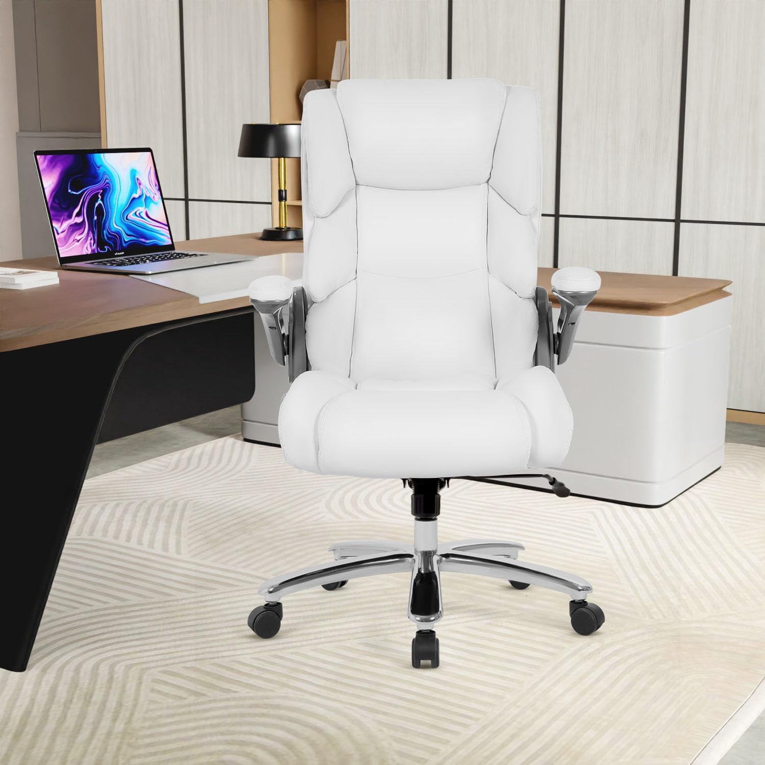 400lbs Big and Tall Office Chair  Ergonomic Desk Chair PU Leather Computer  Chair Adjustable High Back Rolling Chair with Lumbar Support for Adults, White