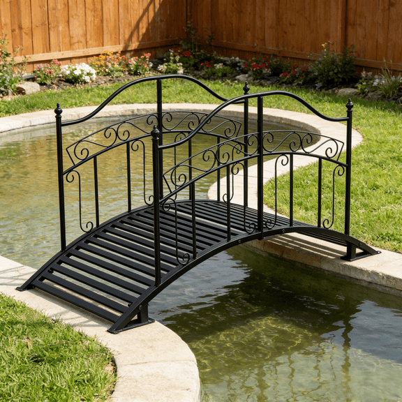 Ktaxon 4ft Wrought Iron Arched Bridge Handrail with Square Top for Garden Steps,Patio, Black