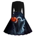 thumbnail image 6 of Karymi Easter Dresses for Women Halloween Print Swing Midi Dress, Solid Crew Neck Long Sleeve Satin Bow Waist Vintage A Line Party Costume Dress Wedding Guest Dresses for Women, 6 of 6