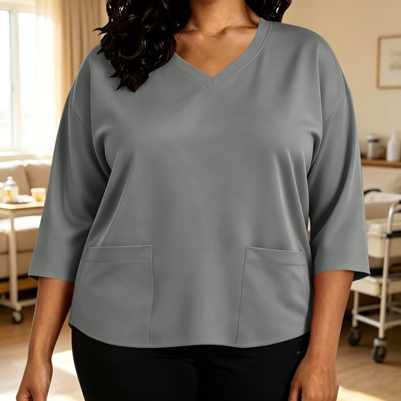 IUYRTFE Women's Plus Size V Neck 3/4 Sleeve Scrub Top with Pockets Relaxed Fit Casual Workwear Tunic