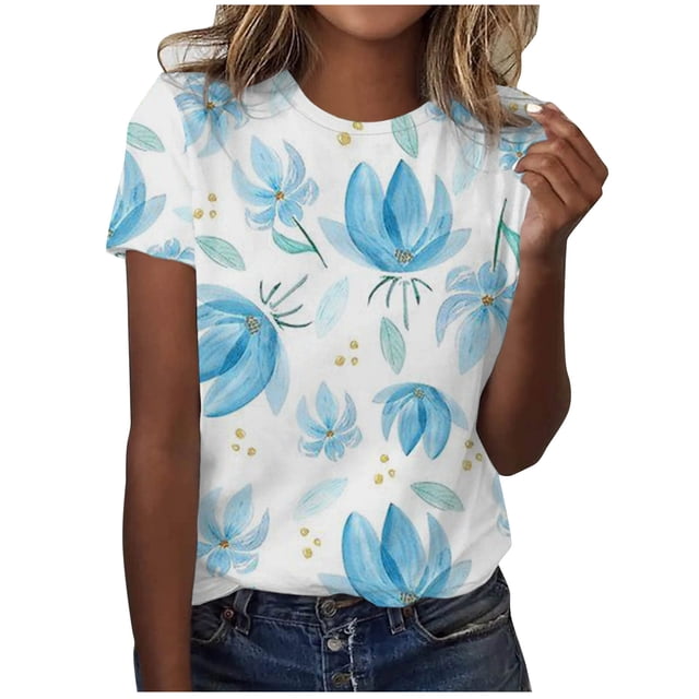Pompotops T-Shirt Décontracté à Manches Courtes Imprimé Plissé Col Rond Ample pour Femmes