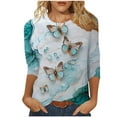 thumbnail image 2 of UPPADA Blouses Grande Taille pour Femmes Manches 3/4 Imprimé Floral Teinture T-Shirts Décontractés Tendance Col Rond Confortables Pull-Over Hauts d'Été Mignons Hauts Manches 3/4 pour Femmes, 2 of 5