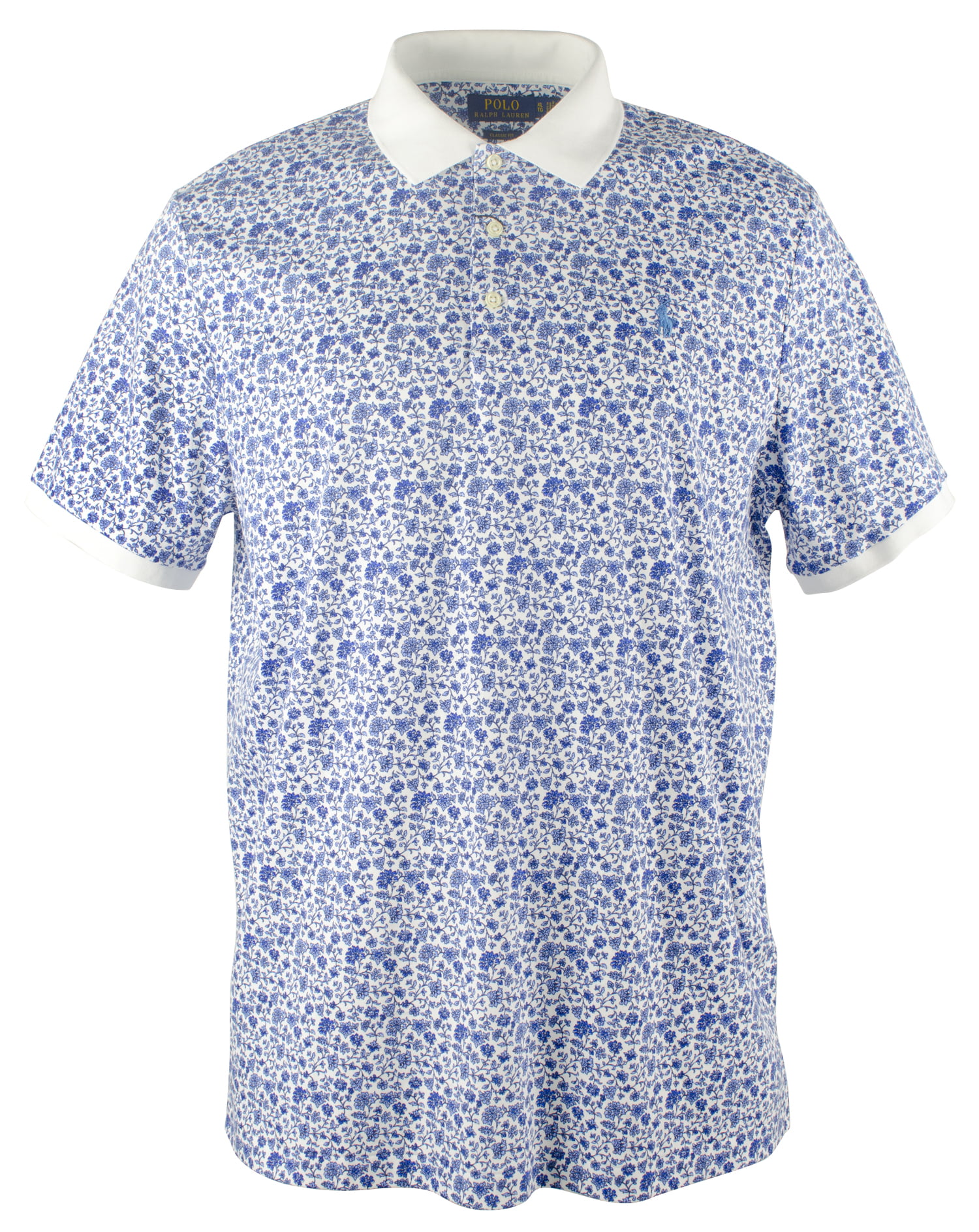 Mens Polo Shirt White with Designer Blue Florals Slim Fit Stretch 3 Button