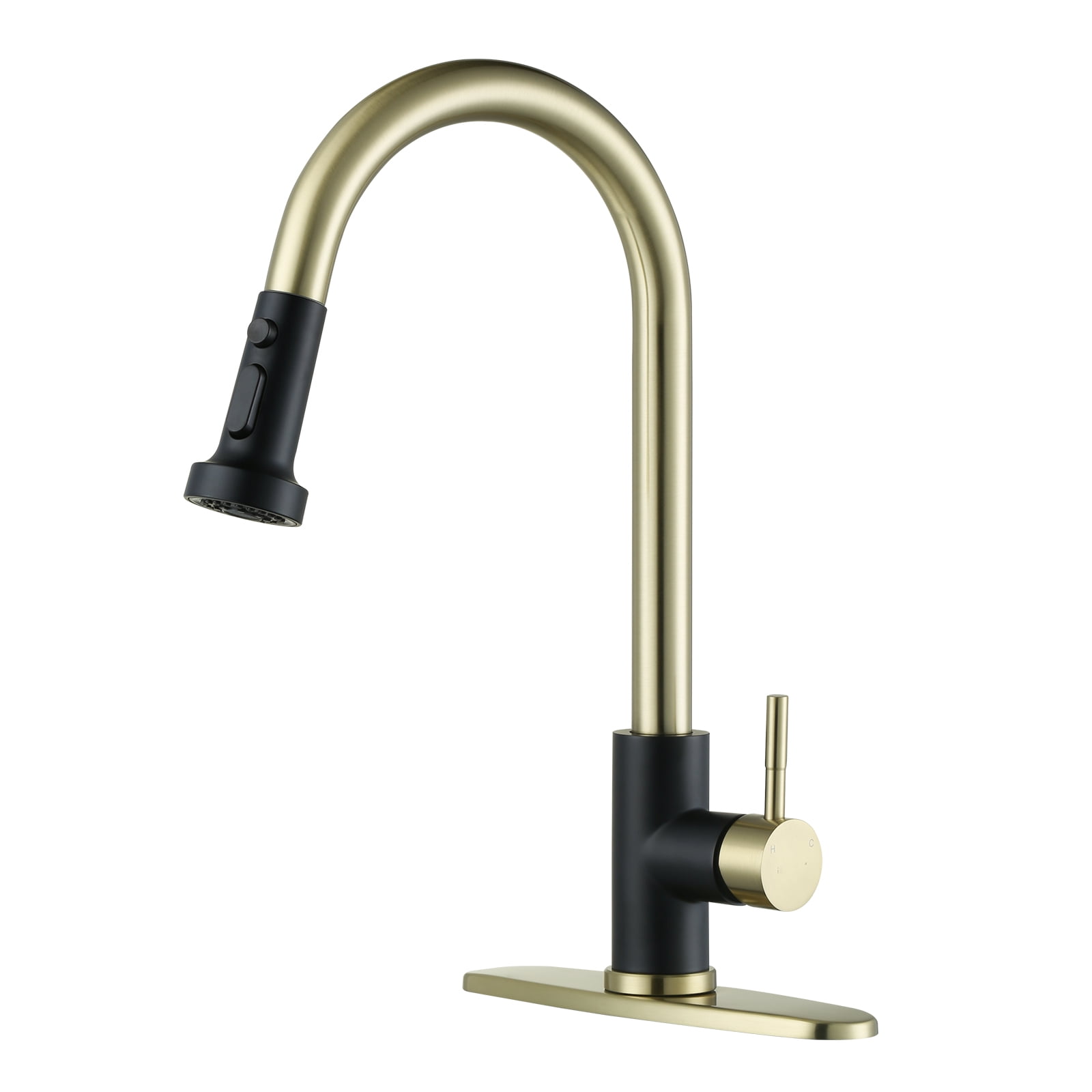 WOWOW Kitchen sink faucet, Black and Gold kitchen faucet with pulldown