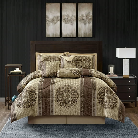 Nanshing Prince 7 Piece Elegant Medallion Comforter Set, Brown, Queen