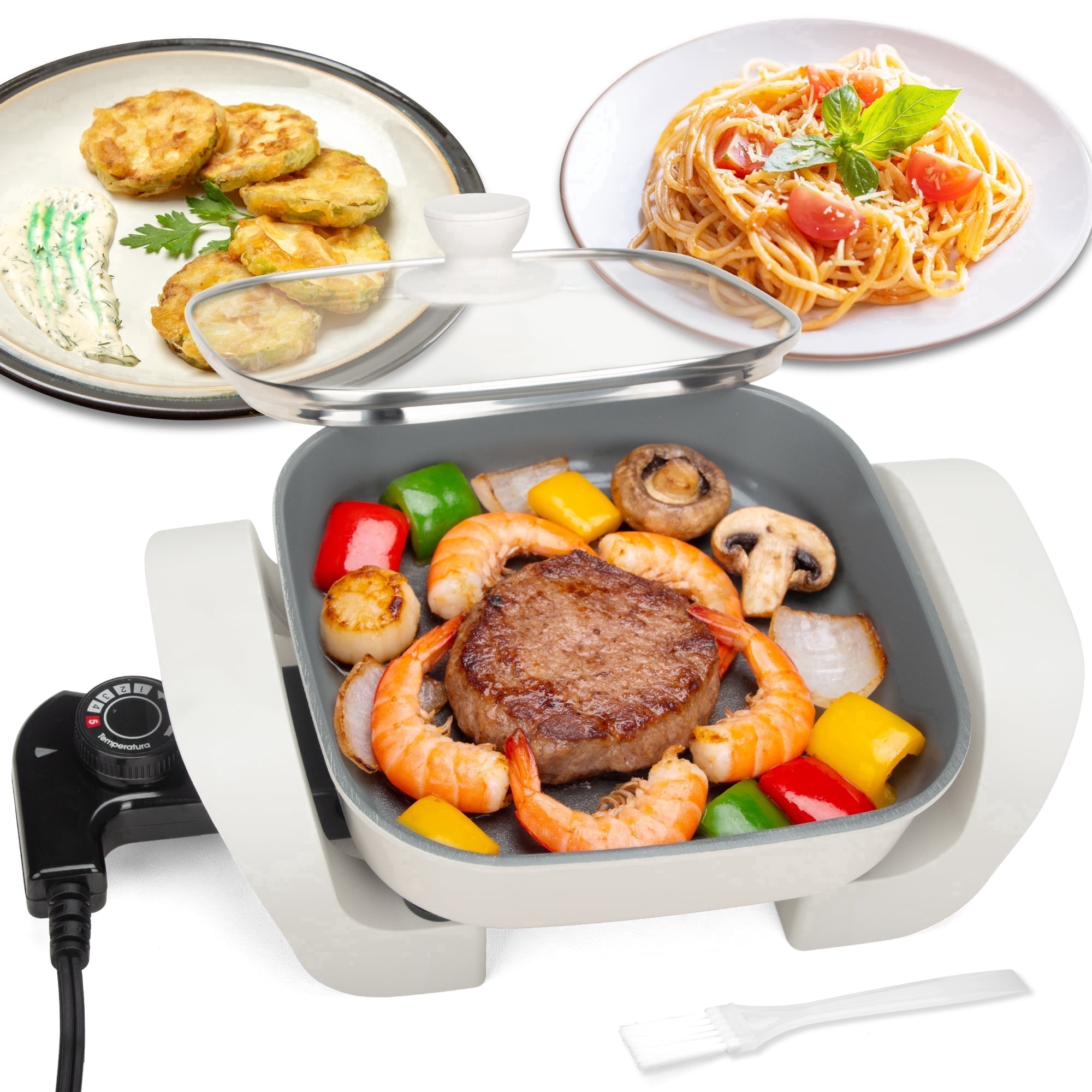 Mailand Electric Skillet with Lid, Ceramic Coated, 8-inch, White
