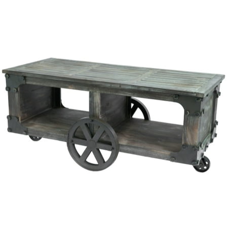Rustic Industrial Style Wagon, Large Coffee Table with Shelf and Wheels
