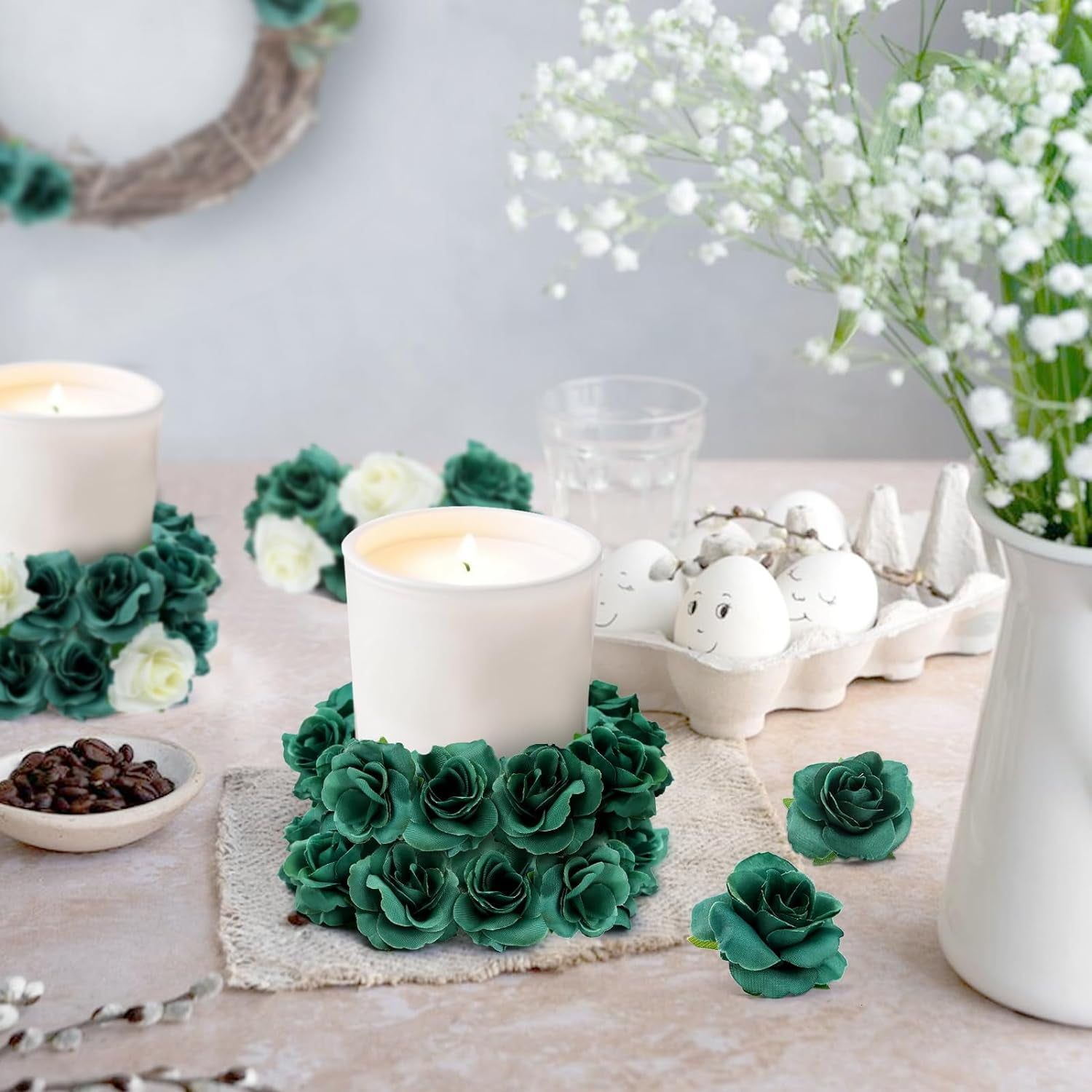 Naler 50 Pcs Green Stemless Roses Artificial Flowers Bulk,1.6" Small Silk Fake Rose Head for Crafts Wedding Centerpieces Party Home Decor