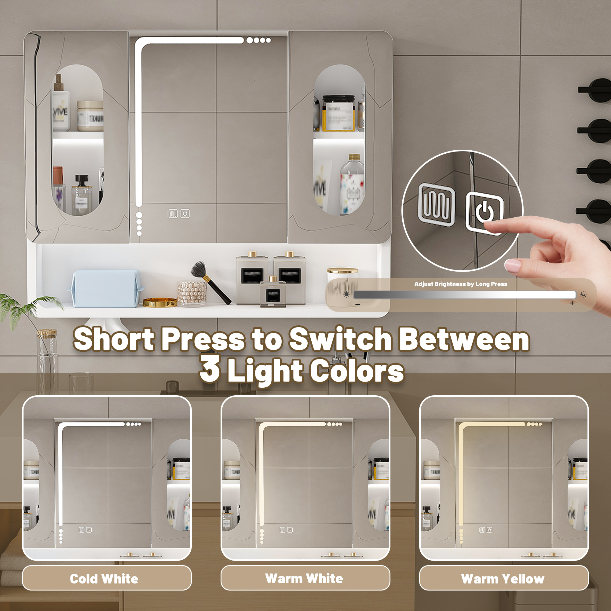 Bathroom Mirror Cabinets, Medicine Cabinets, Wall Mounted Bathroom Mirror Cabinet with LED Lights, Touch Control, 3 Color Lighting, Aluminum Alloy Construction, Spacious Storage for Bathroom, White
