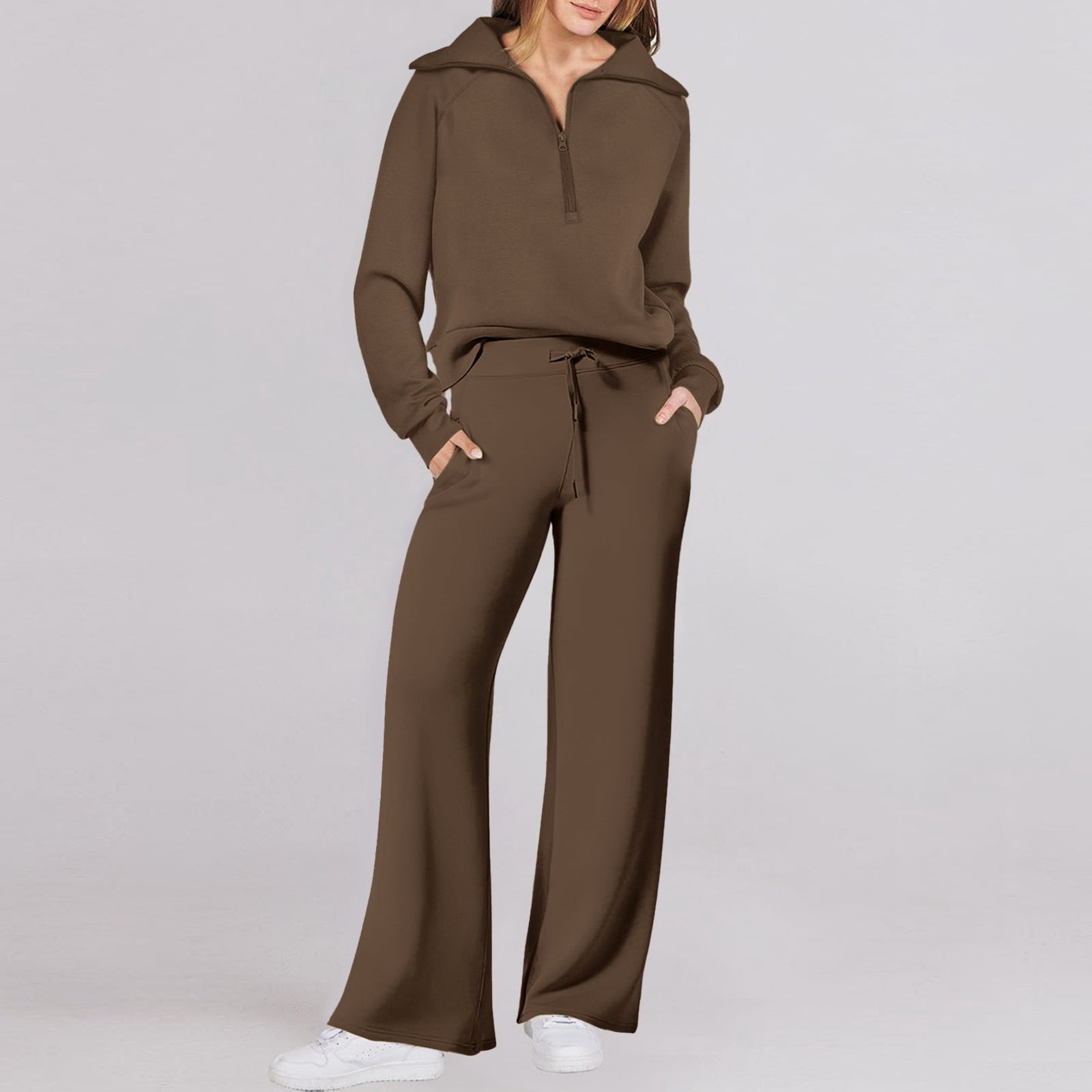 CILENON Joggers for Women 2 Piece Set Women Two Piece Outfits Sweatsuit Set Quarter Zip Sweatshirt Wide Leg Sweatpant Fall Set Tracksuit Casual Sets for Women Workout Clothes for Women Sets (Brown,M)