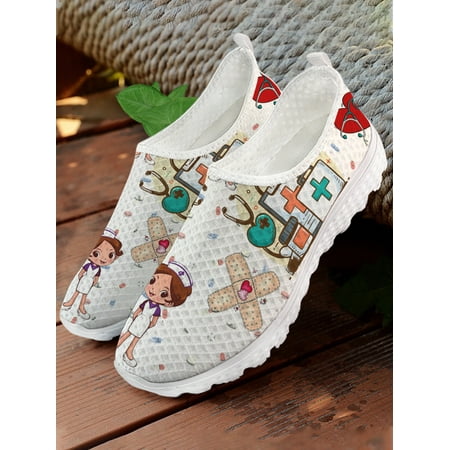 Black Lovely Cartoon Nurse Doctor Medical Print Slip-on Loafers Comfortable Summer Home Shoes White Mesh Shoes Mujer