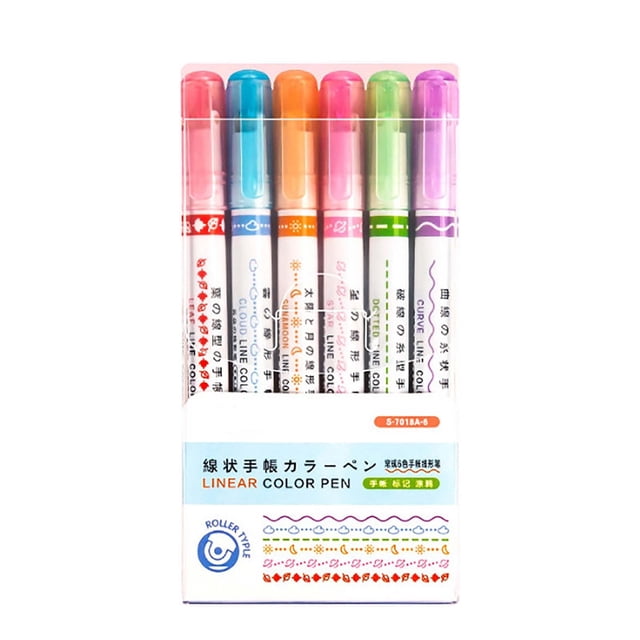 Maplenight Highlighter Pen Set 6 Colors with Unique Patterns for Artwork, Notes, and Scrapbooking - 5ml Each, Safe & Portable