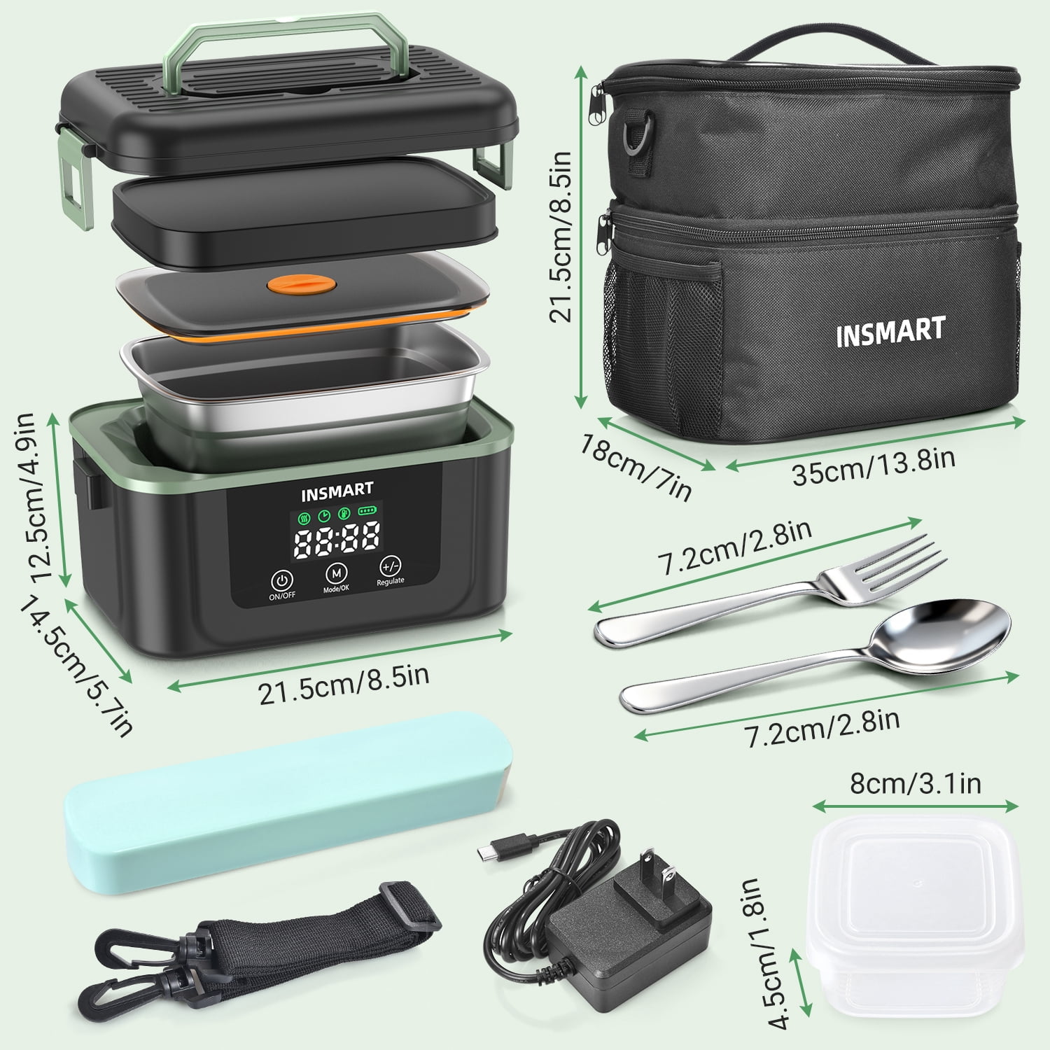 INSMART 6.3-Cup Cordless Electric Lunch Box for Adults, Heated Lunch Box for Men with Scheduled Heating, Portable Car Food Warmer with Utensils, Two-Tier Bag,Dishwasher Safe,Removable Divider