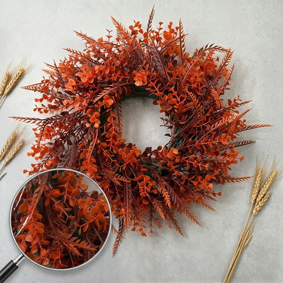 Kuokaa Artificial Fall Wreath, Eucalyptus Wheat and Fern Door Decoration for Front Door, Window, Wall, Mantel, Entryway, Covered Porch, Thanksgiving and Autumn Home Decor
