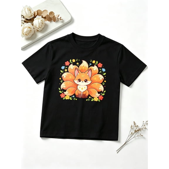 Girls Graphic Tees Cute Fox Magical Floral Short Sleeve Kids T-Shirt, 100% Cotton Soft Casual Tops for Children