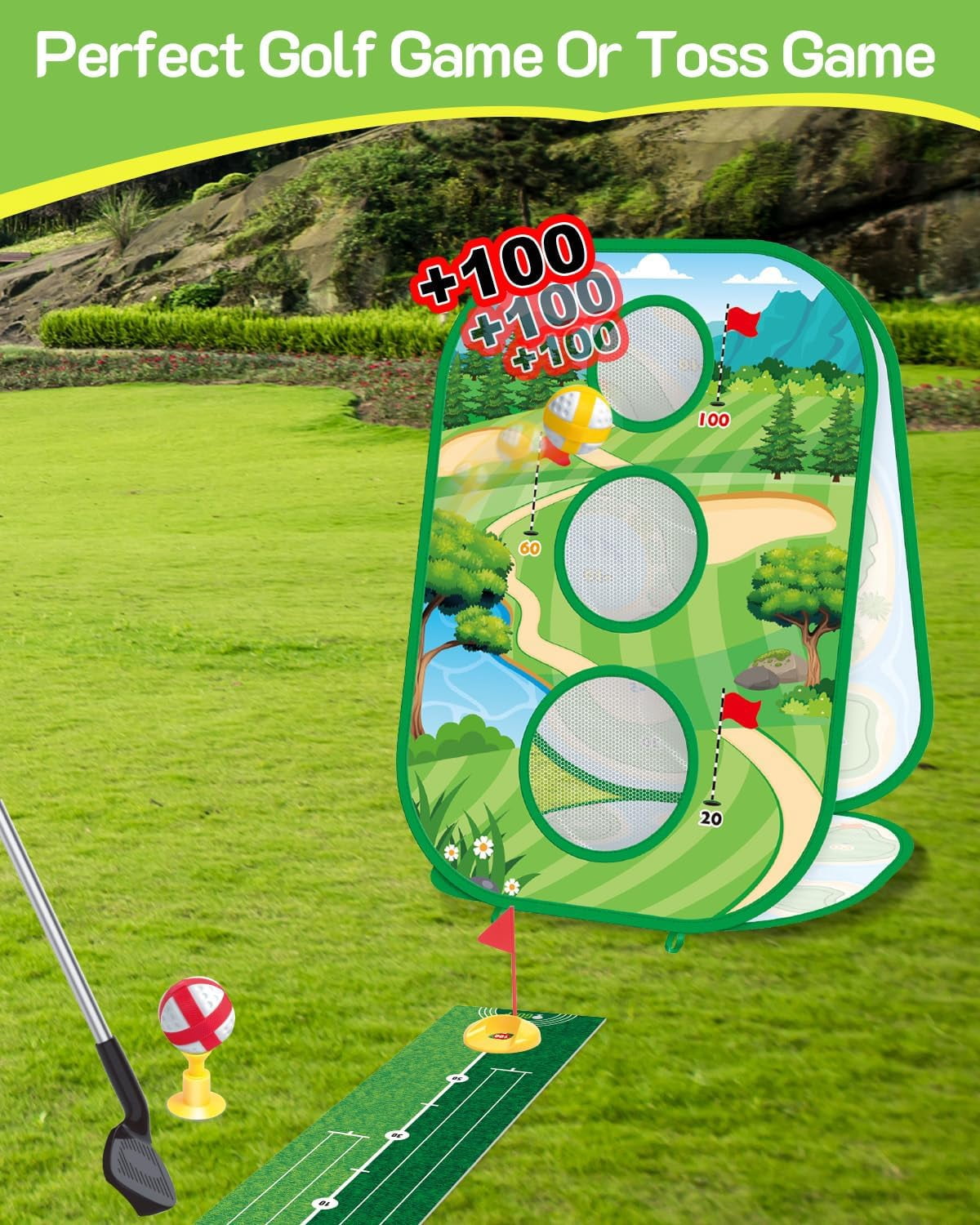 Toddler Golf Set, Golf Chipping Game,4-In-1 Kids Sticky Golf Games Set With Club, Golf Putting Practice Mat,3-Sided Golf Chipping Net,Golf Cornhole Board Set,Indoor Outdoor Golf Toys For Kids & Adult