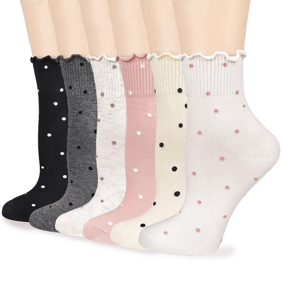Women's Ruffle Socks,Casual Cute Ankle Socks Breathable Knit Cotton Soft Frilly Crew Socks for Women 6 Pack