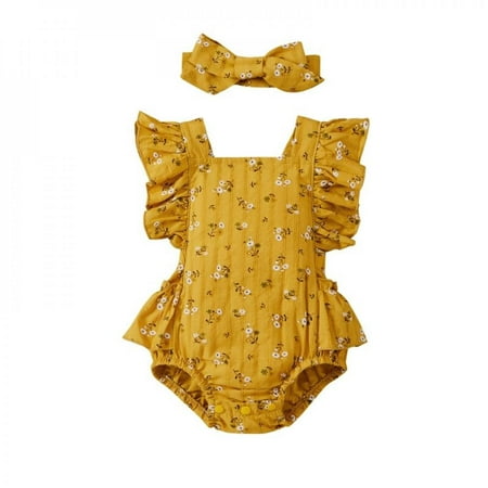 

Malisata Summer 2Pcsborn Baby Girl Clothing Set Floral Print Ruffel Sleeve Rompers+ Bow-Tie Headband Baby Clothing Outfit 0-12M