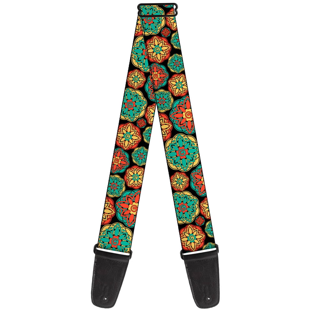 Buckle-Down Guitar Strap, Boho Mandala Black Yellow Turquoise Orange, 2 Inches Wide