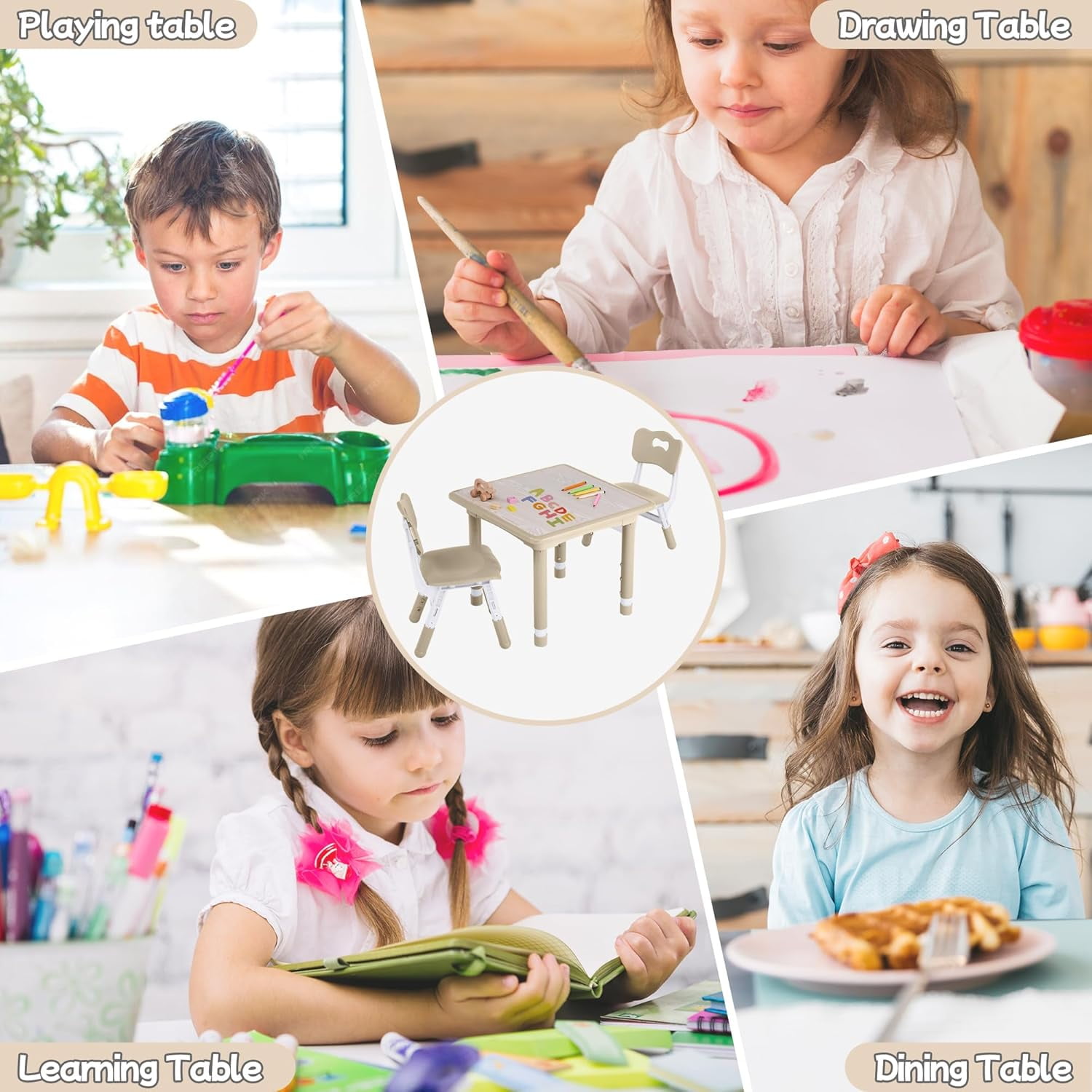 Toddler Table and Chair Set, Height Adjustable-Upgrade Kids Desk and 2 Chairs for Ages 3-8, Children's Multi-Activity Table with Graffiti Desktop and Marble Pattern for Home/Daycare/Classroom