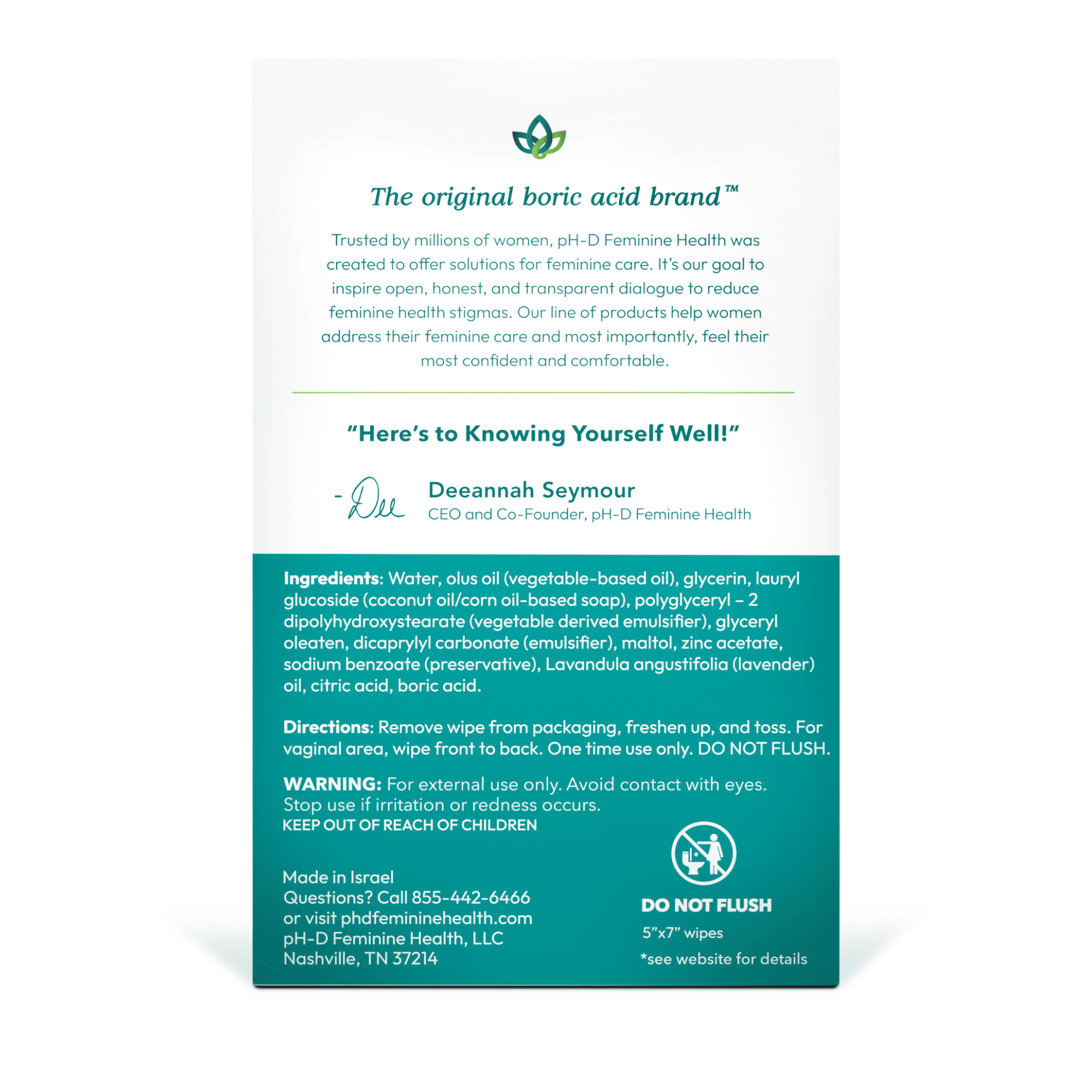 pH-D Feminine Health Boric Acid Body Wipes, pH-Balanced Travel Friendly Wipes, 20 Count