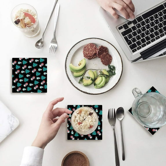 FMSHPON Merry Christmas Xmas Tree Winter Christmas Set of 4 Coaster for Drinks, Absorbent Ceramic Stone Coasters Cup Mat with Cork Base for Home Kitchen Room Coffee Table Bar Decor