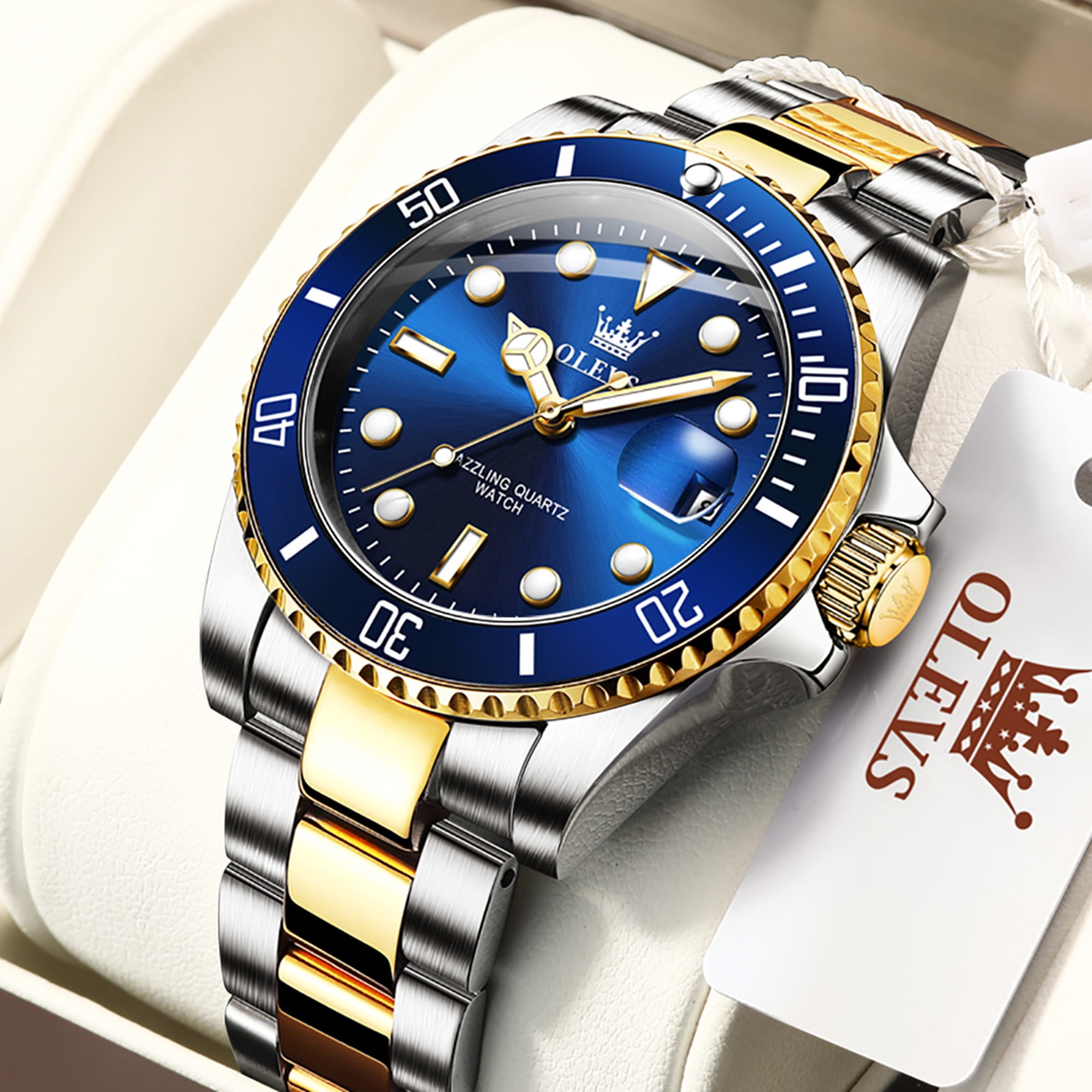 OLEVS Watches for Men Luxury Classic Dress Analog Quartz Fashion Two Tone Gold Plated Stainless Steel Date Waterproof Luminous Mens Wrist Watches Reloj Para Hombre Green/Black/Blue