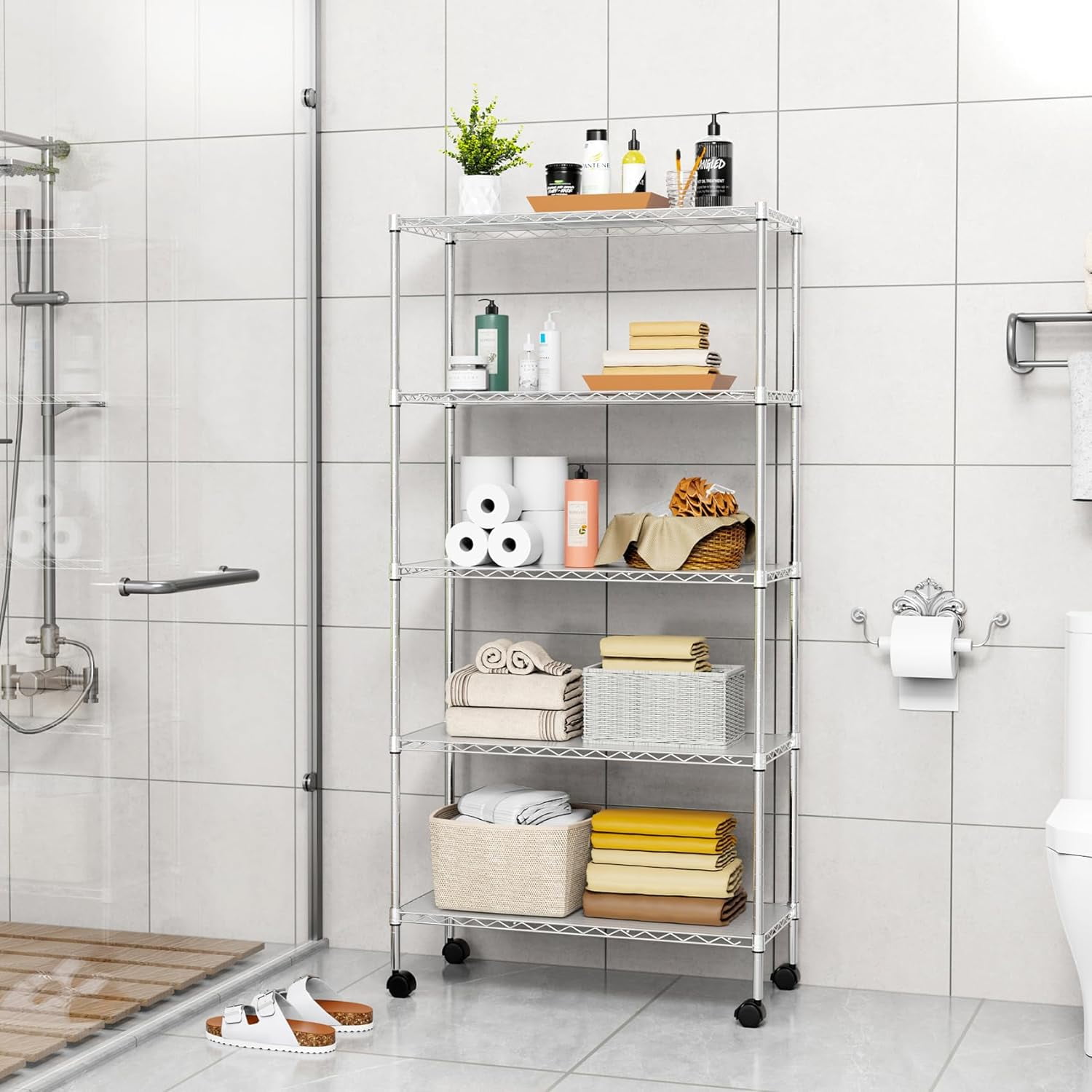 Miniyam NSF Wire Shelving Unit, 5 Tier 750lbs Capacity Storage Adjustable Rack with Wheels for Closet Kitchen, Chrome