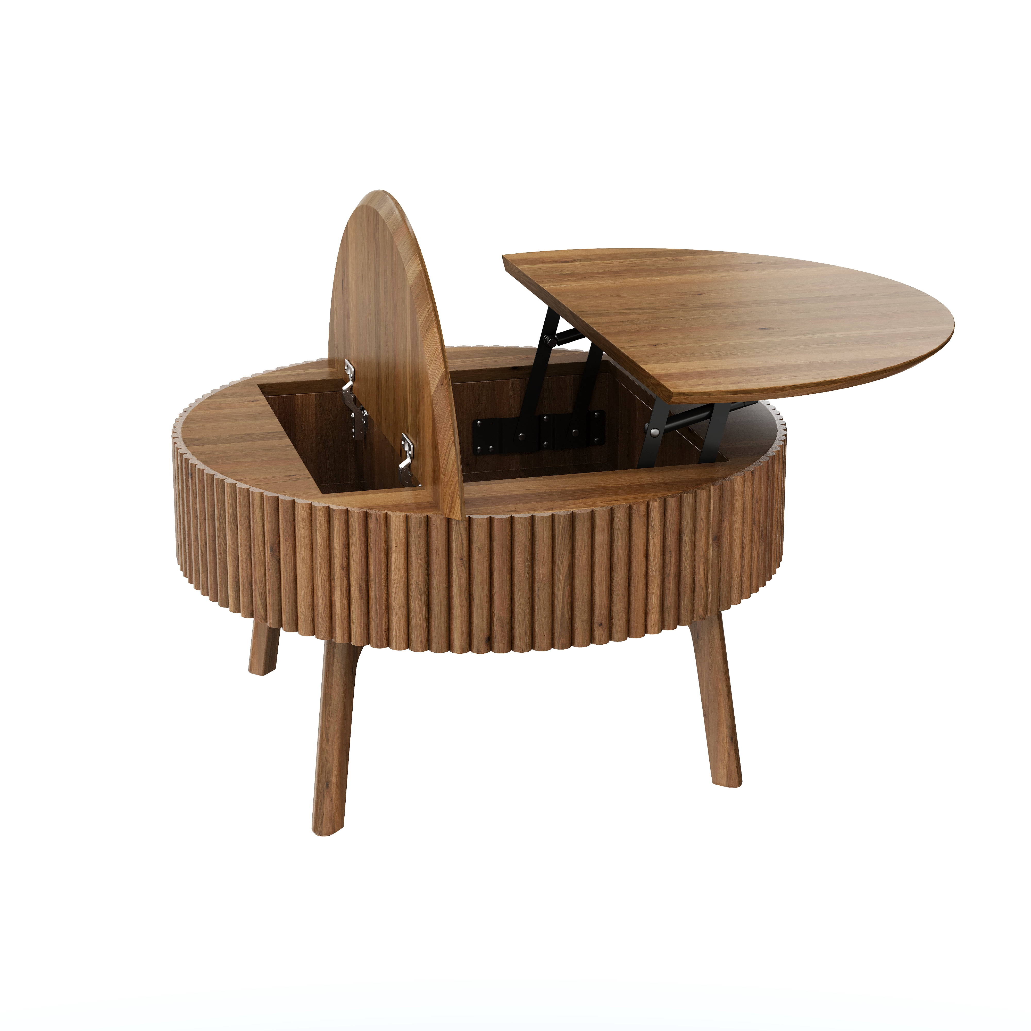 30.3-Inch Round Lift-Top Coffee Table with Half Flip-Top and Hidden Storage, Mid-Century Fluted Wood Center Table and Side Table for Living Room, Walnut