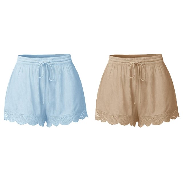 (2-Pack) Kcodviy Shorts for Women Casual Basketball Shorts Women Elastic Waist Drawstring Yoga Bike Shorts Women with Padding Shorts Comfy Stretch Lace Trim Beach Linen Ruffle Shorts