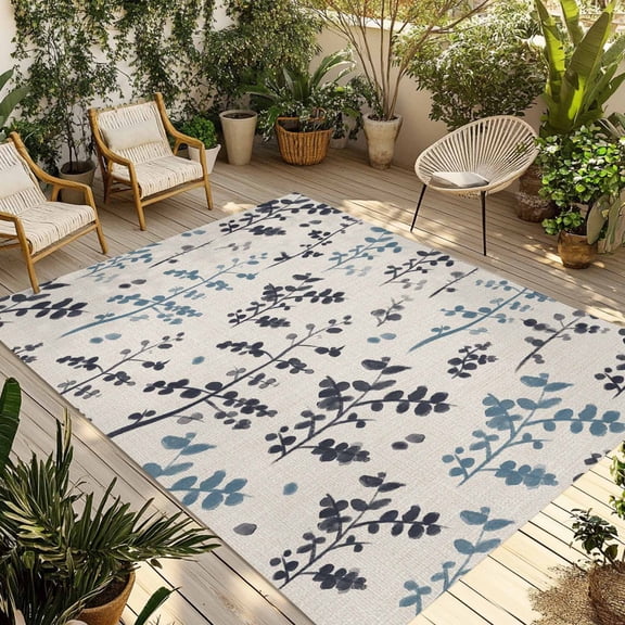 Grey Blue Botanical Outdoor Rug for Patio/Deck/Porch, Non-Slip Large Area Rug 4 x 6 Ft, Rustic Country Spring Floral Summer Leaf Indoor Outdoor Rugs Washable Area Rugs, Camping Rug Carpet Runner