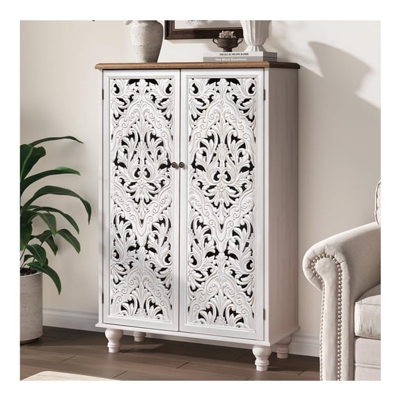 47 Inch White Tall Accent Cabinet with Doors and Storage, Hand-Carved Floral Design, Adjustable Shelves, Wood, Sideboard for Living Room Dining Room Entryway