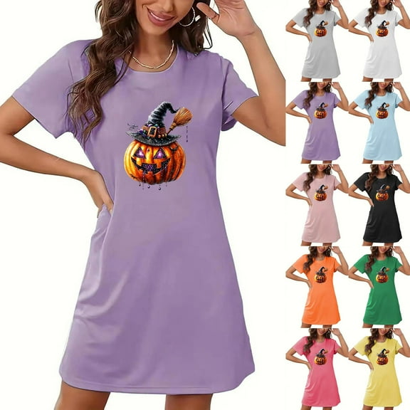 Meichang Halloween Nightgown for Women Short Sleeves Crew Neck Sleepdress Cute Pumpkin Print Nightshirts Summer Fall Loose Fit Nightdress Mini Dresses