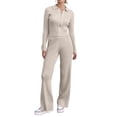 thumbnail image 3 of Women 2 Piece Lounge Matching Set Wide Leg Sweatpant Half Zip Long Sleeves V-Neck Sweatshirt Khaki S, 3 of 6