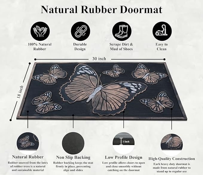 A1HC 18"x30" Rubber Pin Doormat for Indoor and Outdoor Entrance, Butterfly Design, Durable Non-Slip Entry Mat