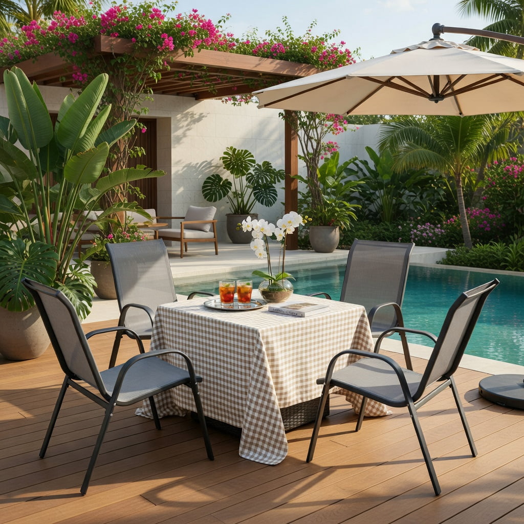 Hommoo 2-Pack Stackable Outdoor Dining Chairs with Armrests, Steel Frame, Breathable Fabric Seat, Easy Assembly Patio Chairs for Backyard or Deck, Grey