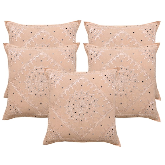 Stylo Culture Indian Sofa Throw Pillow Covers 24 x 24 Big Hand Embroidered Peach Bohemian 60 x 60 cm Home Decor Cotton Mirrored Square Cushion Covers | Set Of 5