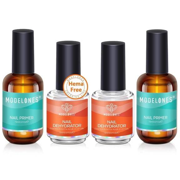 Modelones 4Pcs Nail Dehydrator and Primer, Acid Free Natural Nail Prep Dehydrate & Bond Primer, Bonding Primer for Acrylic Powder Nail Supplies