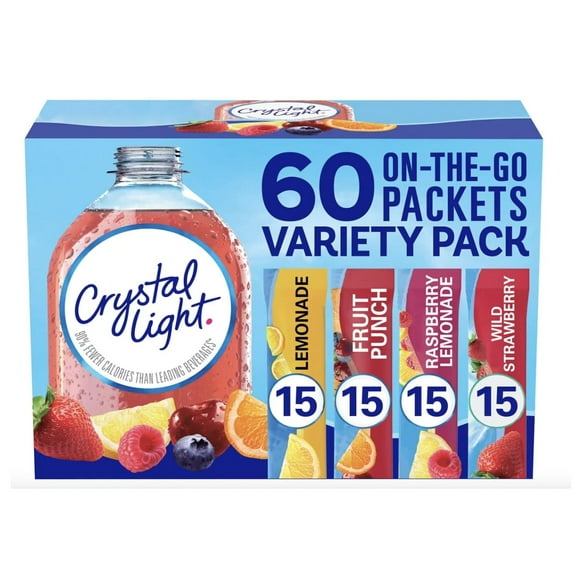 Crystal Light Sugar-Free, Lemonade, Fruit Punch, Raspberry Lemonade and Wild Strawberry On-The-Go Powdered Drink Singles Mix Variety Pack, 60 Count, Each Packet Dissolves into any 16.9 oz