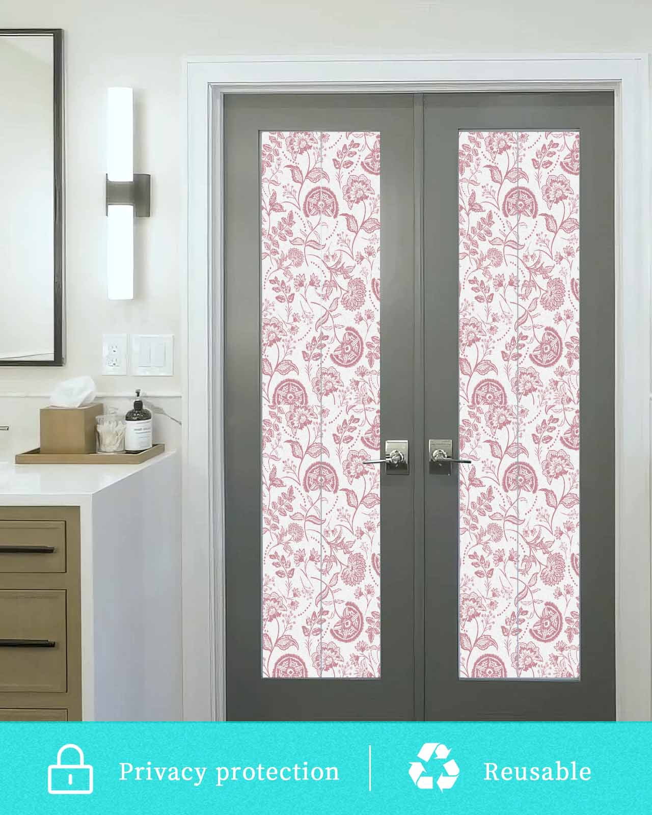 Window Privacy Film Boho Pink Floral Stained Glass Window Film Decorative Sun Block Window Cover Vintage Farmhouse Paisley Plant Leaf Window Clings Static Adhesive Sticker for Bathroom 23.6"x78.7"