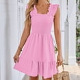 thumbnail image 3 of Tumotour Summer Dress for women Solid Color Square Neck Sleeveless Ruffle Dress High Waist Smocked Strappy Casual Short Mini Dresses Ear Flounce Wrinkled Hem Dress, 3 of 6