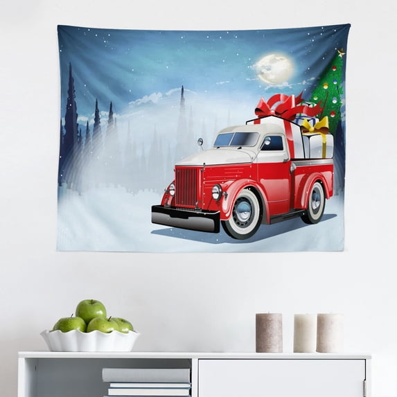 Christmas Tapestry, Happy New Year Merry Christmas Truck with Gift Boxes Tree and Snowflakes Art, Fabric Wall Hanging Decor for Bedroom Living Room Dorm, 2 Sizes, Blue Red White, by Ambesonne
