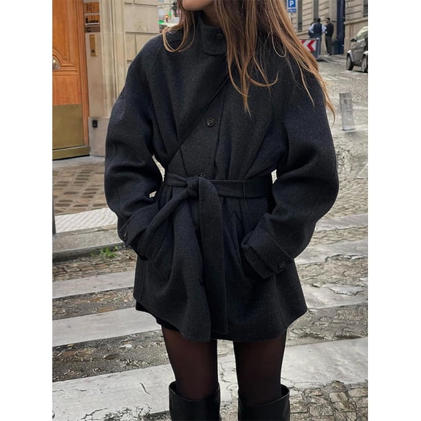 Abrigo largo de lana con cinturón para mujer, abrigo holgado de gran tamaño con solapa de doble botón, ropa de calle alta para otoño