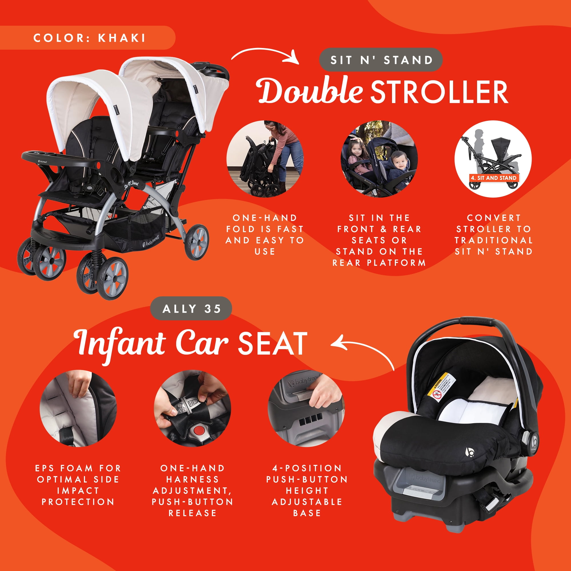 Baby Trend Infant & Toddler Double Stroller & Single Car Seat, Sit N' Stand, Khaki, Combo