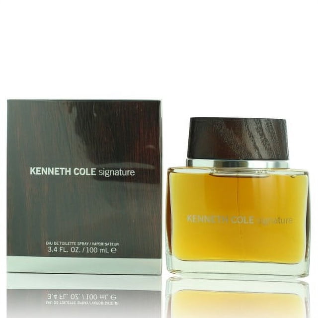 firma de kenneth cole por kenneth cole eau de toilette spray 3.4 oz botella rectangular de vidrio con líquido ámbar y tapa con textura de madera oscura junto a caja con acabado madera y texto plateado, etiqueta 3.4 oz/100 ml; ideal para tocador o colección.