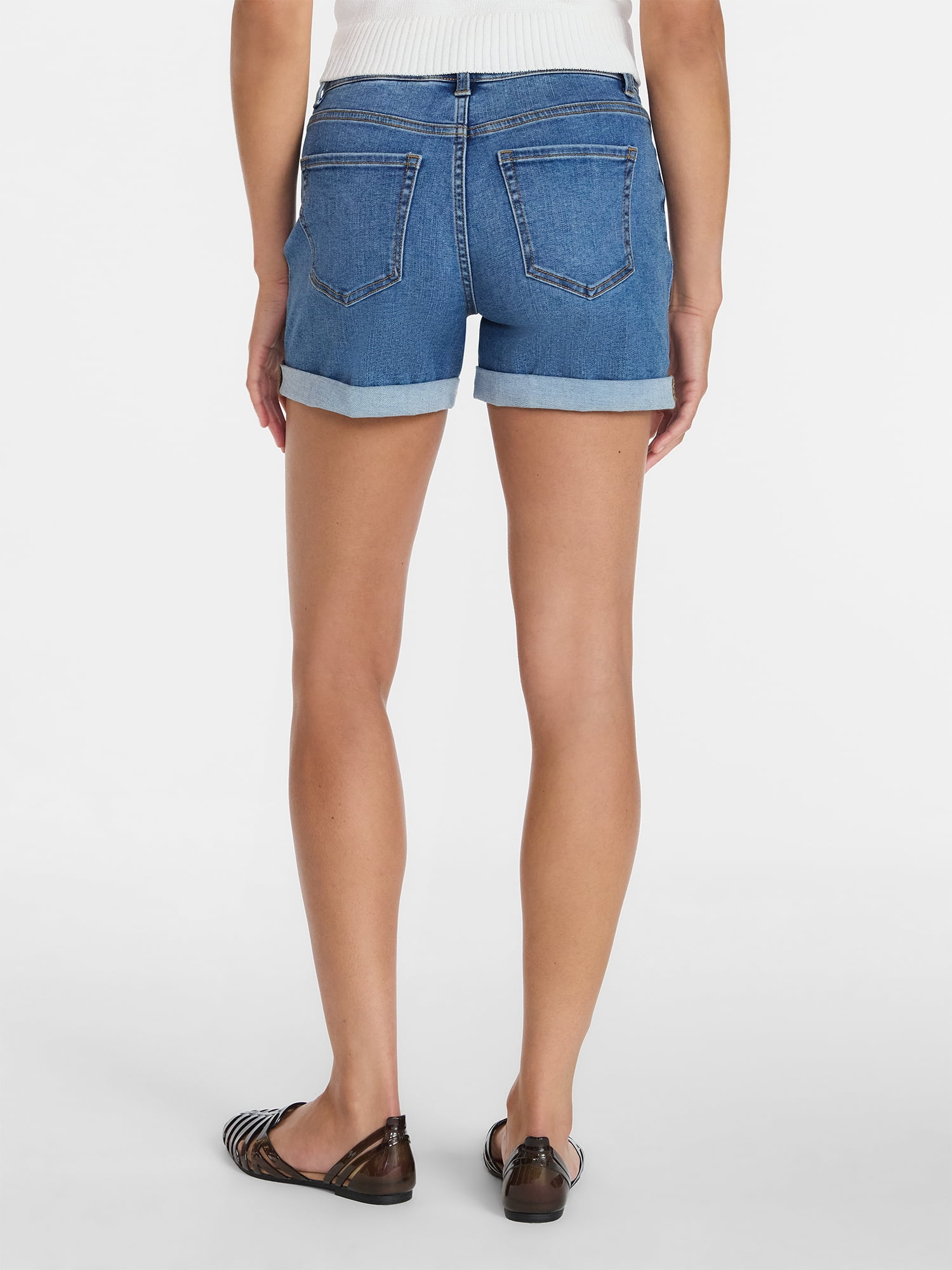 Time and Tru Women's Mid Rise Roll Cuff Denim Shorts, 4" Inseam, Sizes 0-20
