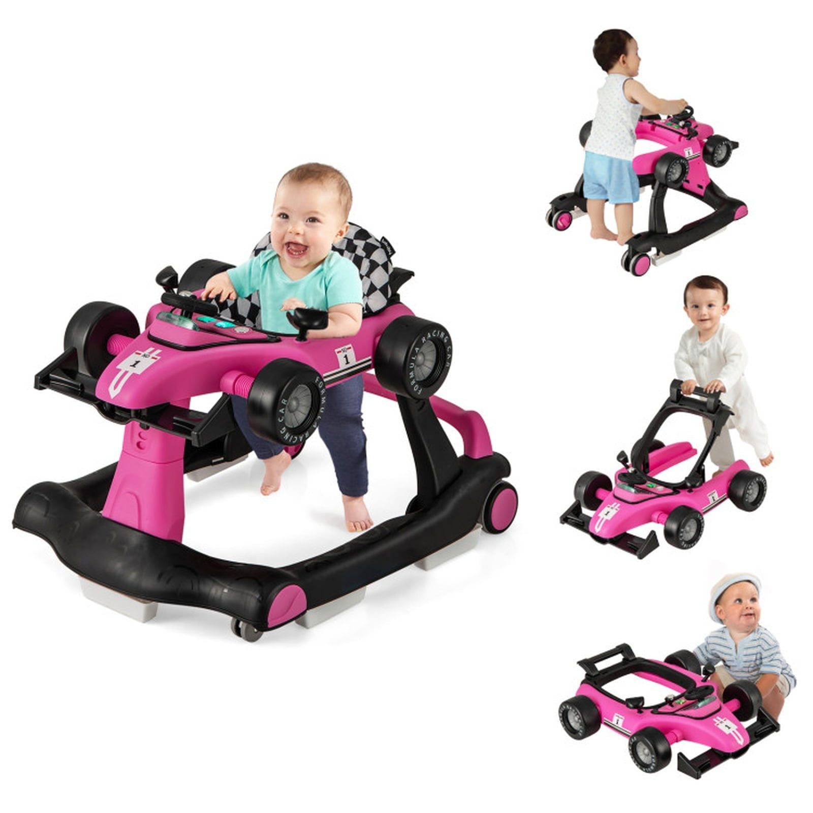 Redsmile 4-in-1 Baby Walker with Wheels, Foldable Activity Push Walker with 3 Adjustable Heights Music Lights and Toy Car Mode for Baby Boys Girls 6-18 Months, Christmas Gift, Pink