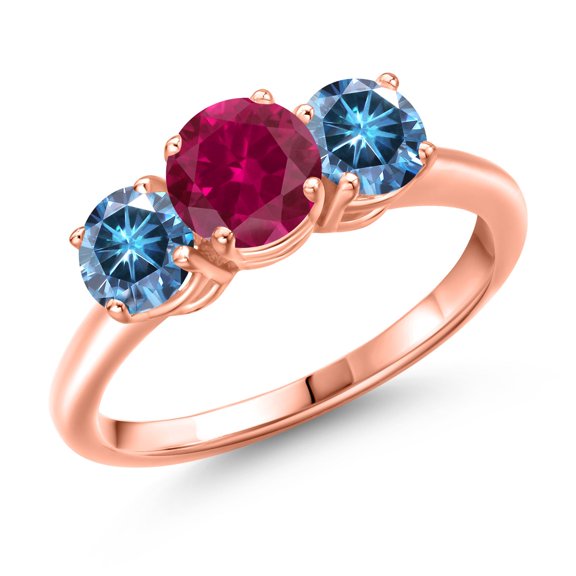 Gem Stone King 18K Rose Gold Plated Silver Red Created Ruby and Persian Blue Moissanite Engagement Ring for Women | 2.00 Cttw | Round 6MM | Gemstone July Birthstone | Size 6