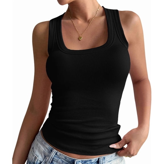 Summer Womens Tank Tops Square Neck Fitted Sleeveless Shirts for Women Ribbed Basic Top Black L